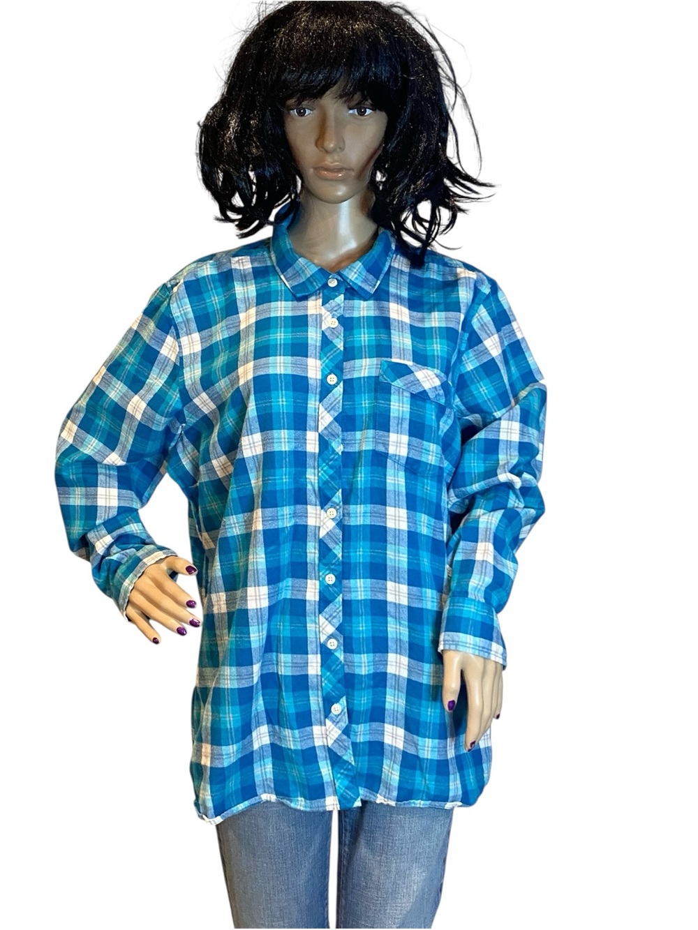 Women's Eddie Bauer Teal Plaid Button-Down Long Sleeved Shirt Top Plus Size XXL